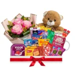 Cesta gesto de carinho com mini arranjo de 3 rosas (Escolha a cor) + ursinho