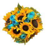 Buquê Com Girassóis e Rosas Azuis